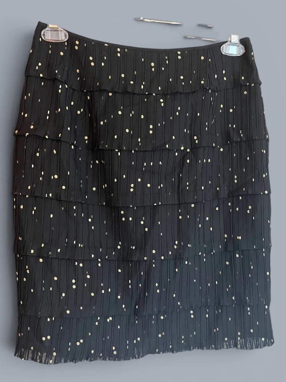 Kay Unger Pleated Tiered Polka Dot Black Skirt Size 8